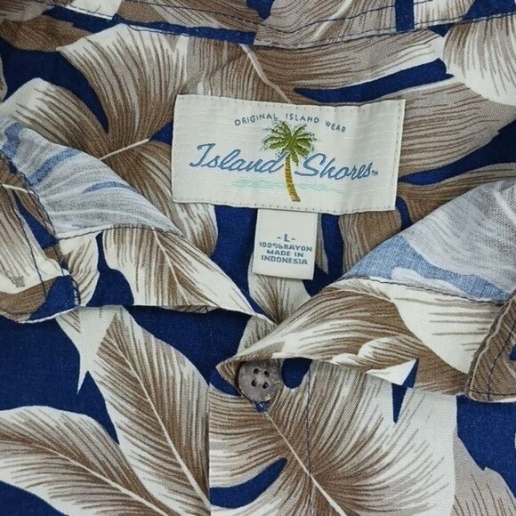 Island Shores Hawaiian Shirt Blue Tan Palm Print Tropical Short Sleeve Size L - Picture 3 of 4